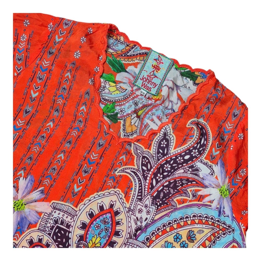 Johnny Was Women's XS Silk Floral Tunic Blouse Boho Short Sleeve